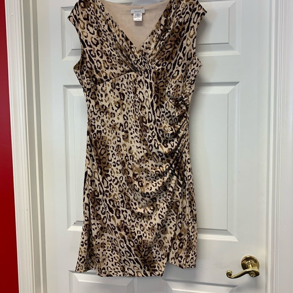 Kate Hill Ruched Surplice Bodice Leopard Dress 14 Mob Wife Chic